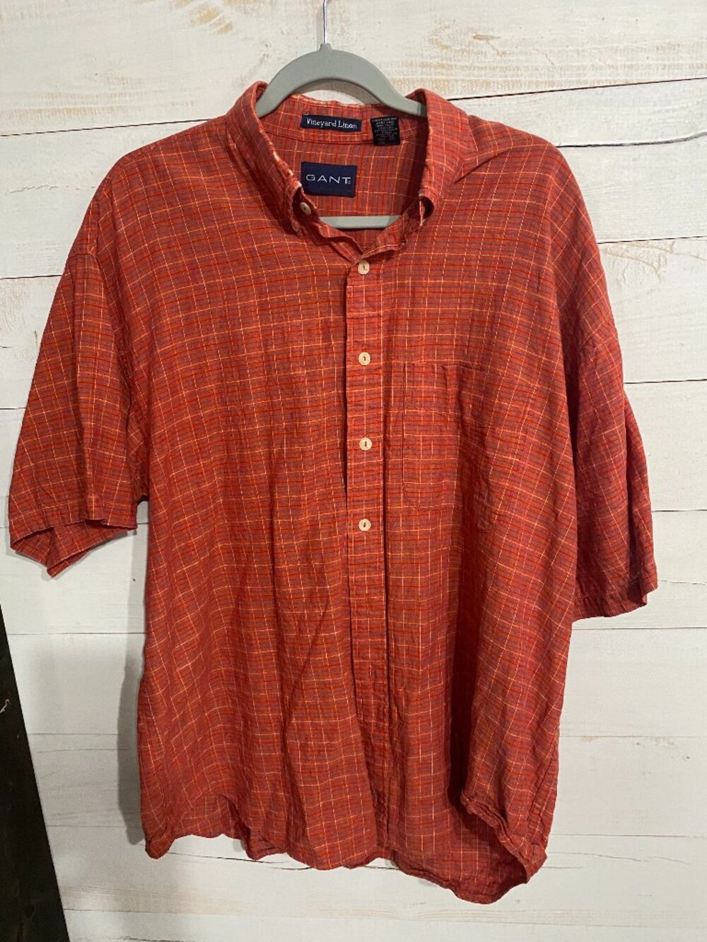 GANT Vineyard Linen Plaid Short Sleeve Button Down Shirt Orange Blue Men's XL